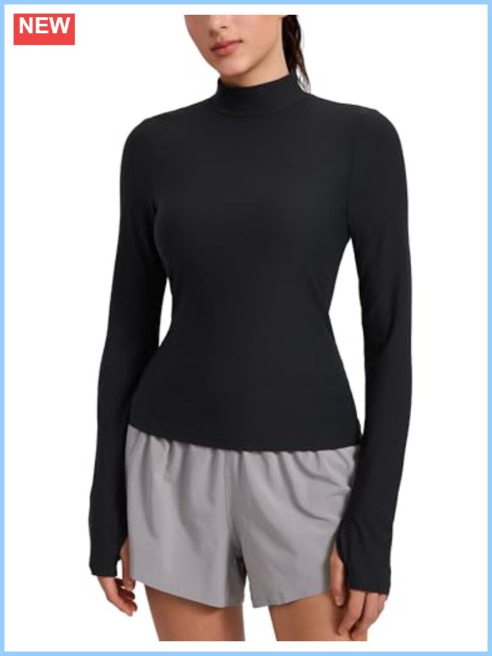 Cloudweight Mock Neck Active Top Hip Length Fitted Long Sleeve Thumbholes